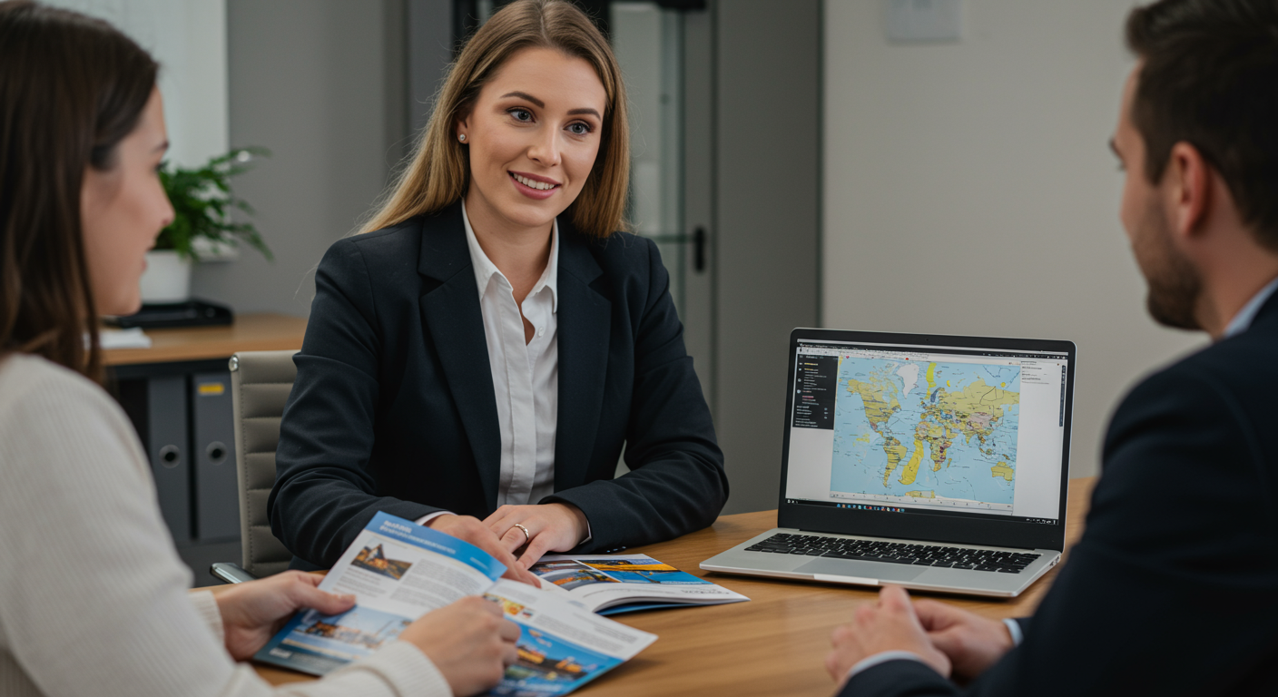 A professional travel agent sitting at a desk, reviewing travel brochures and a laptop with a map displayed on the screen. The agent is engaged in a conversation with a client, showcasing a friendly and informative atmosphere.