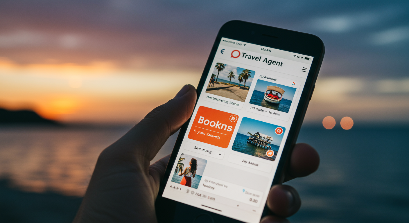 A close-up shot of a smartphone displaying the travel agent app interface, showcasing various features like trip planning, booking options, and user-friendly navigation.