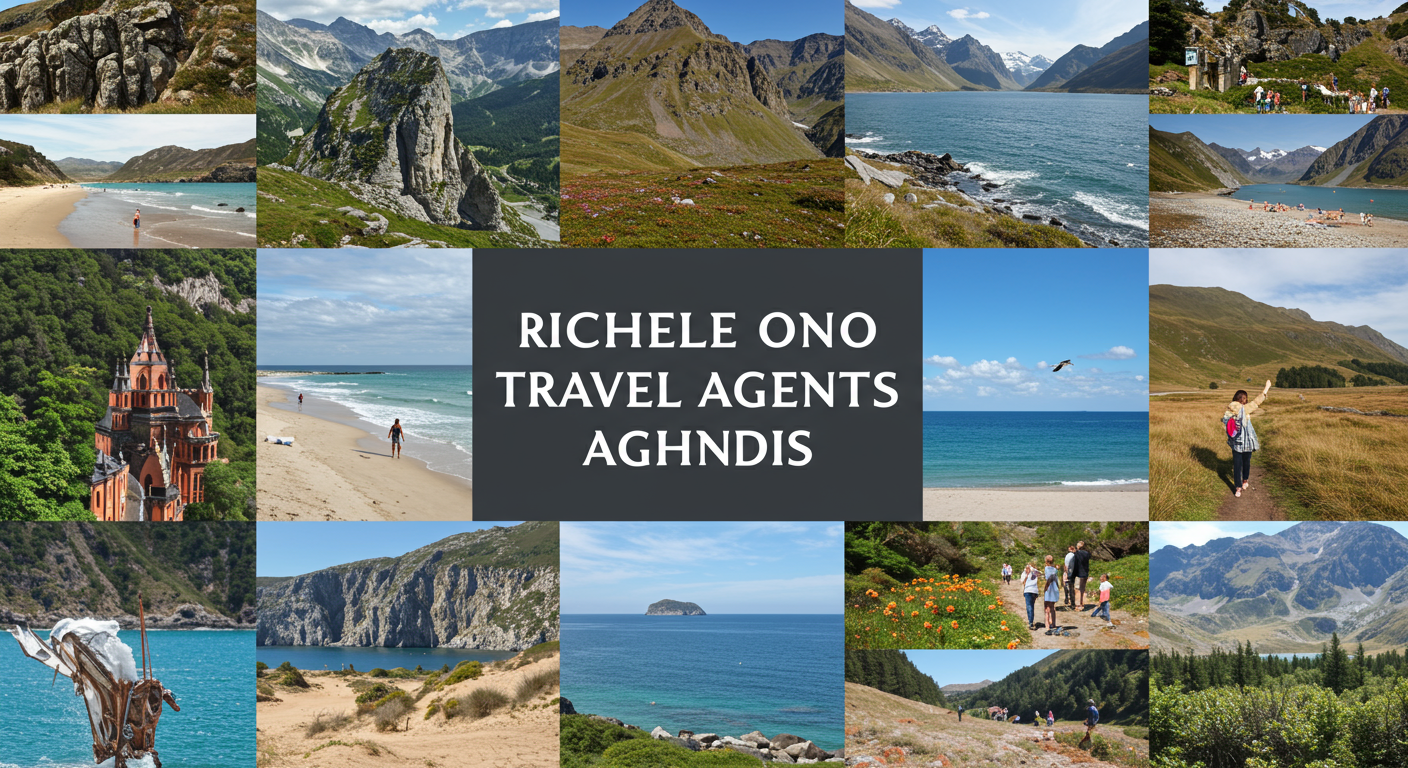 A scenic collage of various travel destinations available through Richmond travel agents, including beaches, mountains, and cultural landmarks, arranged in a visually appealing manner.