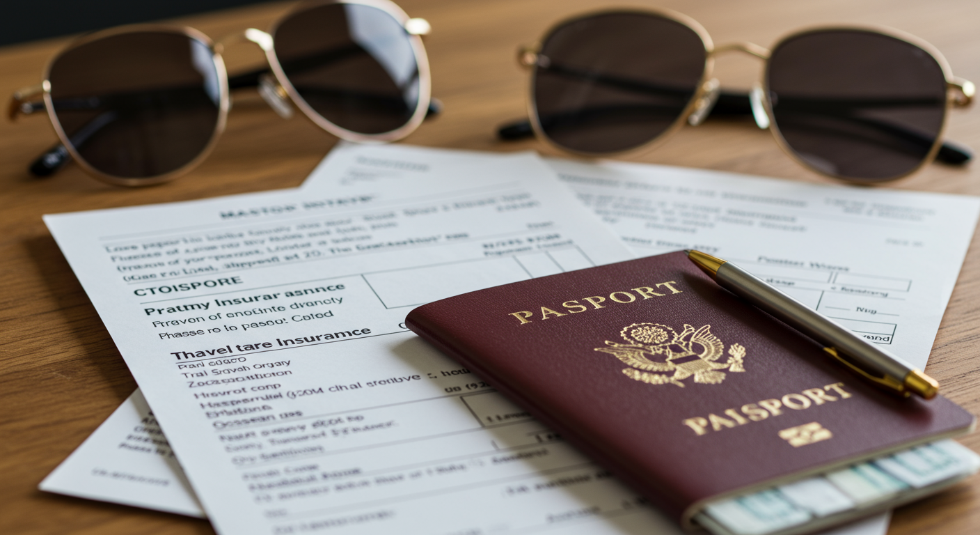 A close-up of travel insurance documents on a table, alongside a passport and travel gear. The focus is on the documents, highlighting their importance.