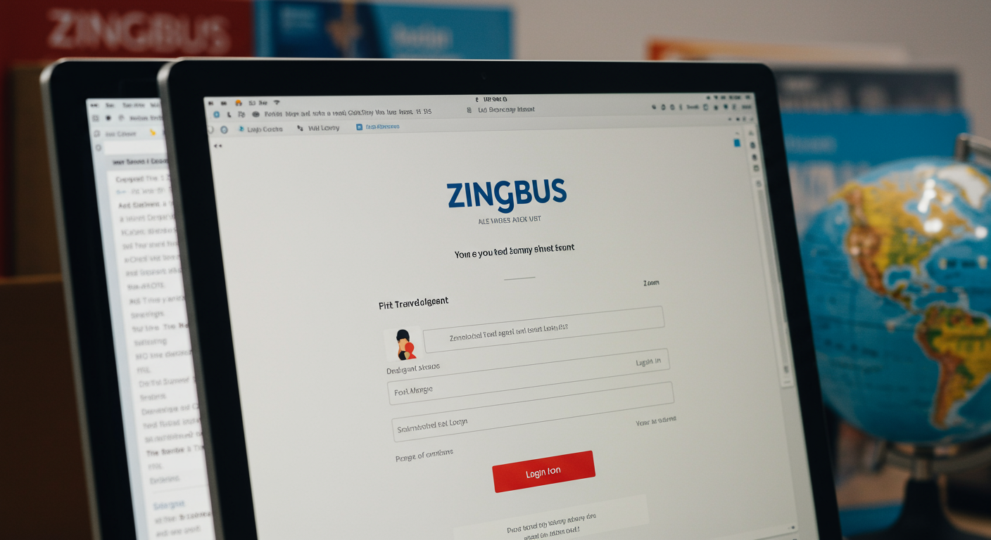 A close-up of a computer screen displaying the Zingbus travel agent login interface. The background is softly blurred to emphasize the login page, with travel-related items like a globe and travel guides nearby.