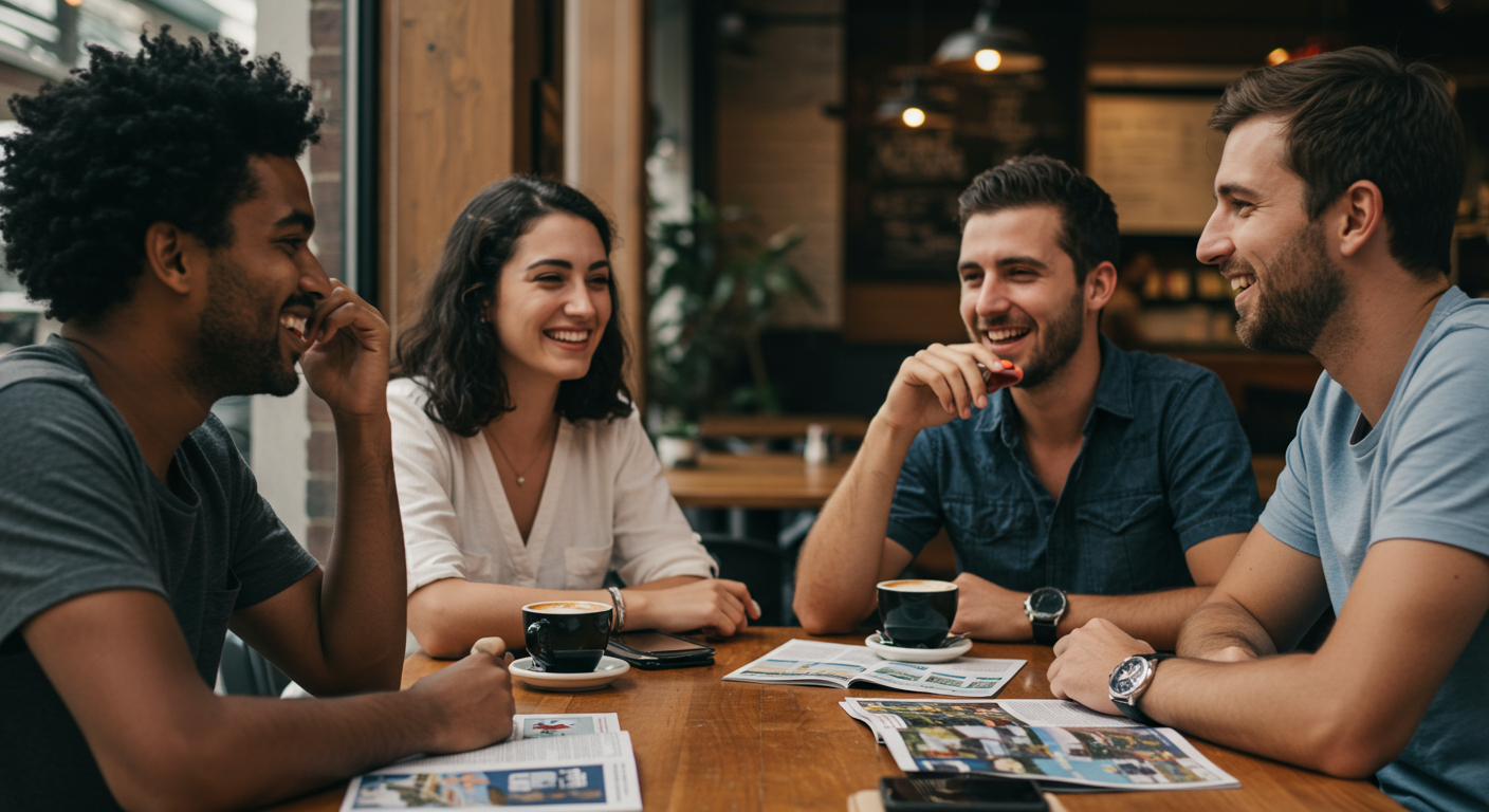 A diverse group of friends joyfully discussing their travel plans at a café in Vallejo. The ambiance is lively, with coffee cups and travel guides on the table.
