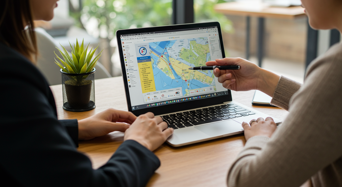 A travel agent sitting at a desk with a client, reviewing a travel itinerary on a laptop. The agent is pointing at the screen, indicating various travel options. This image showcases the personalized service aspect.